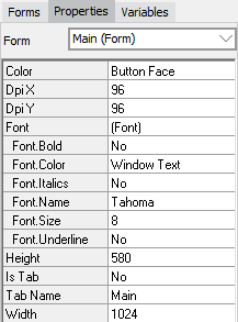 Properties tab for a form with the width set to 1024 and the height set to 580.